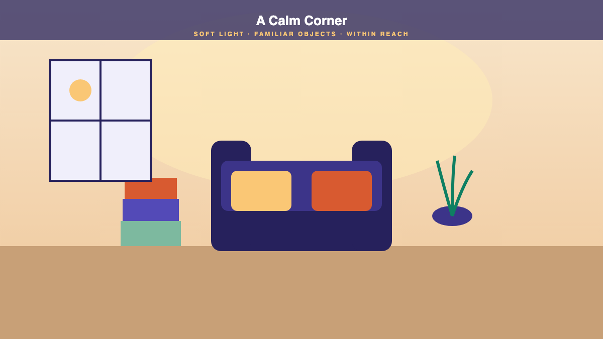 Abstract illustration of a calm corner: a window with moonlight, a comfortable chair with cushions and weighted blanket, a stack of books, a plant