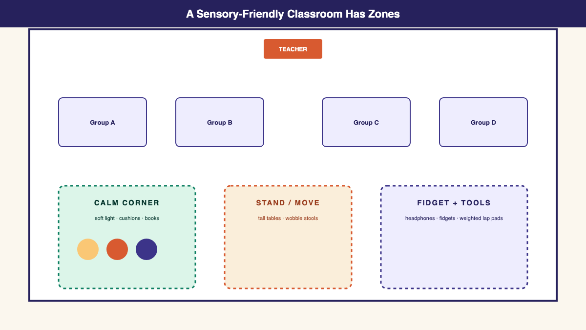 Overhead view of a sensory-friendly classroom: teacher desk at top, four group tables, calm corner, stand-and-move zone, and a fidget tools area