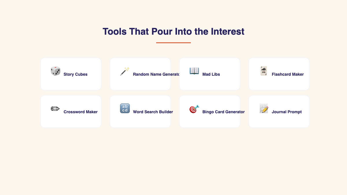 Grid of 8 free tools that help channel a deep interest: story cubes, random name gen, mad libs, flashcards, crossword maker, word search builder, bingo, journal prompt