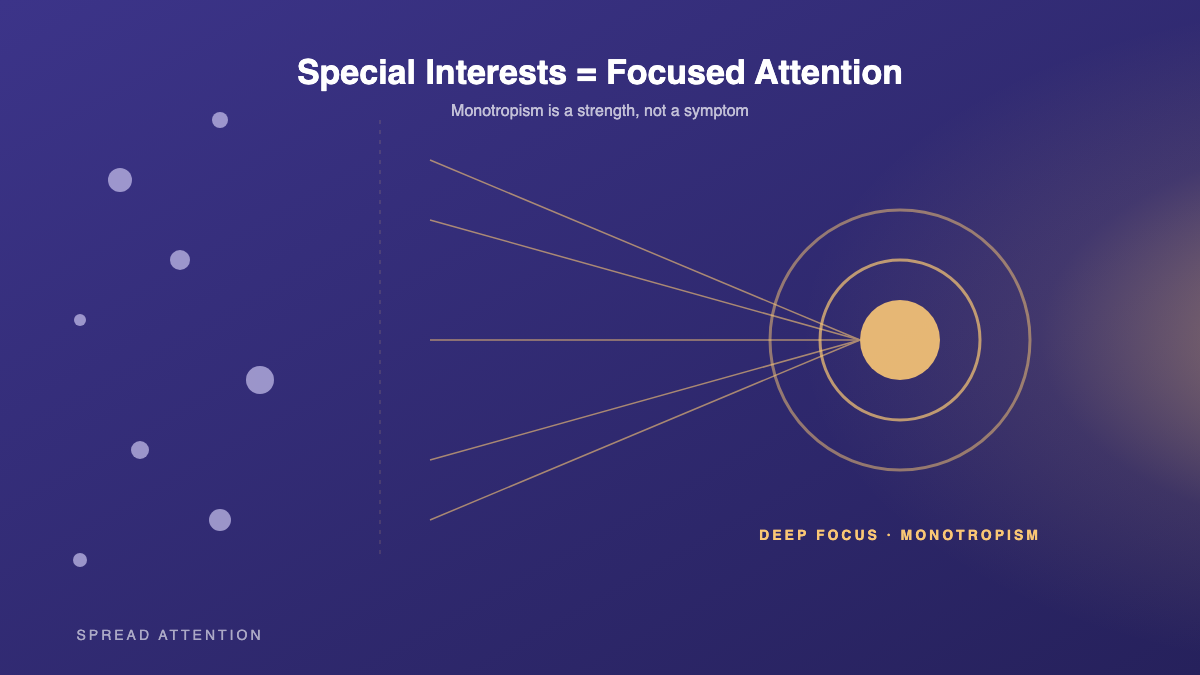 Diagram of monotropism as a focused beam — a single deep channel of attention pouring into a brightly lit target
