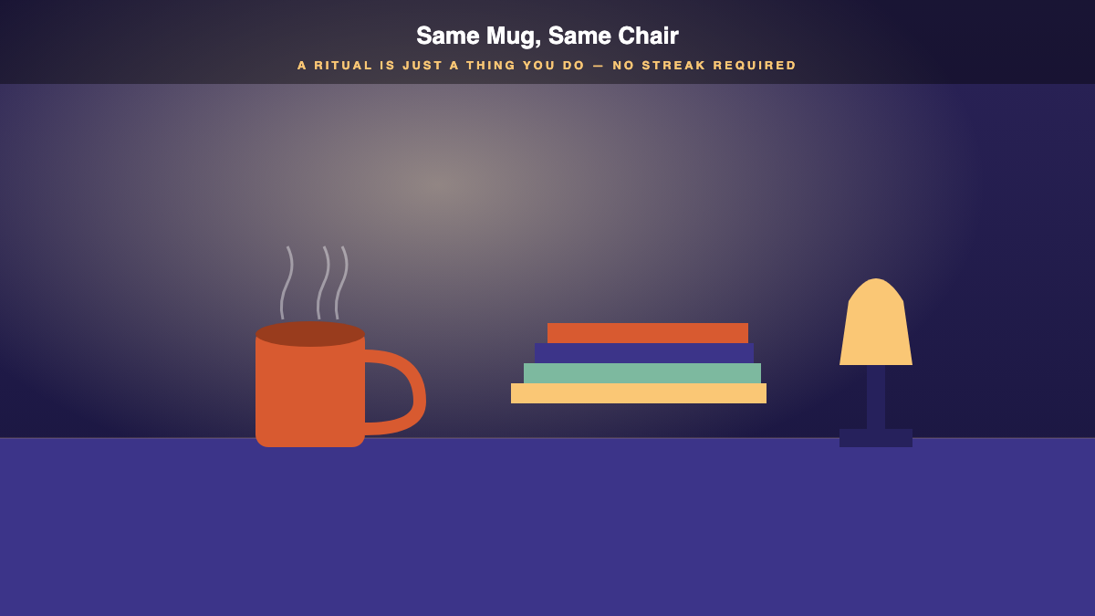 Still life of a calm desk: warm lamp glow, a coral mug with steam, a stack of books on a table, indigo background